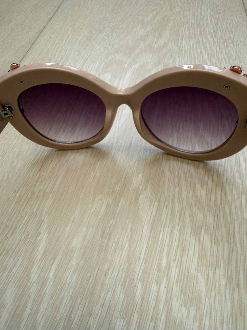 Betsey Johnson Nude Pink Round Sunglasses with Rose Gold Floral Accents